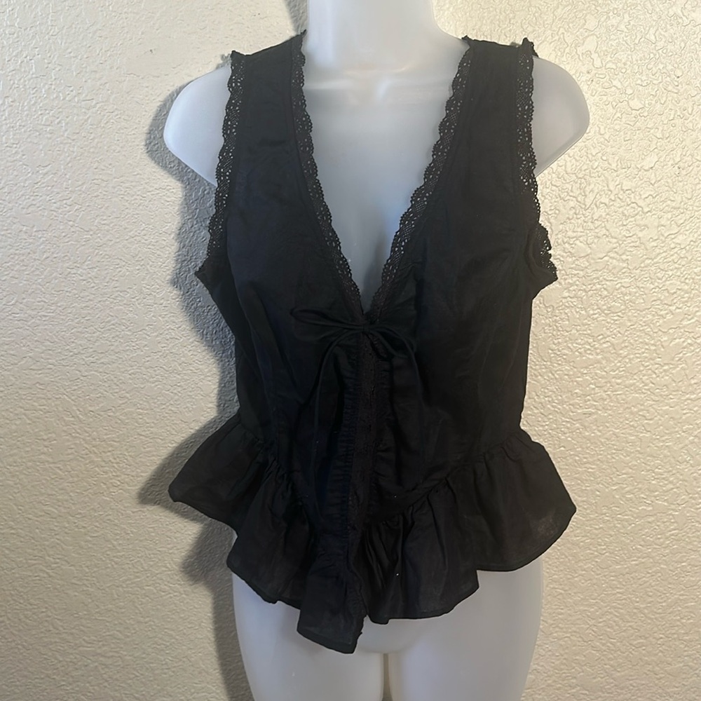 Guess M cotton linen blend black lace trim lace corset tank flared waist sexy